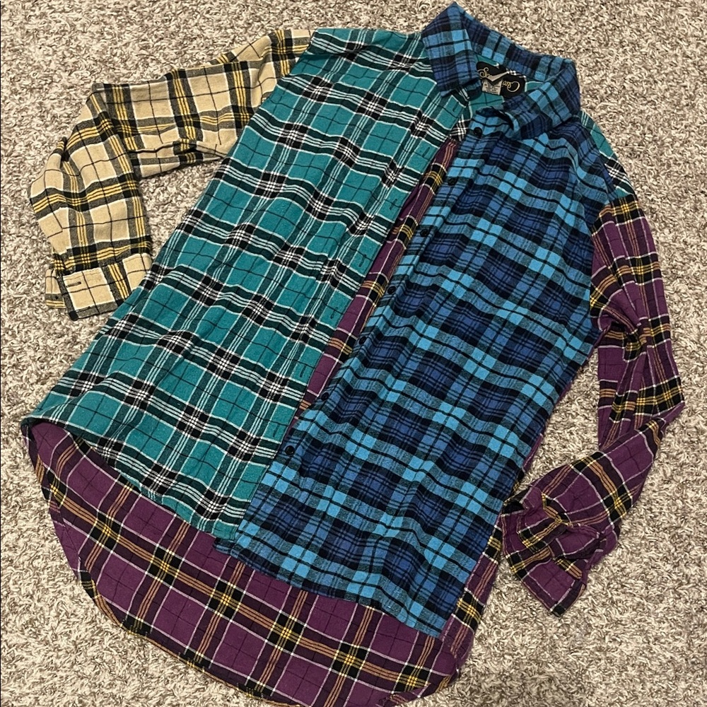 Vibrant Plaid patchwork flannel oversized Button Down Shirt high low hem